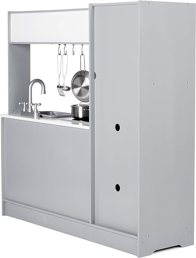 Amazon Basics Kids Upright Wooden Kitchen Toy Playset with Stove, Oven, Sink, Fridge and Accessories, for Toddlers, Preschoolers, Children Age 3+ Years, White & Gray, 39"L x 11.8"W x 39'H'