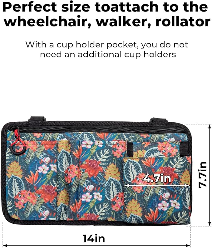JOYTUTUS Walker Side Bag, Wheelchair Armrest Storage Pouch with Cup Holder, Wheelchair Accessories for Seniors, Walker Bag Cup Holder for Walker, Rollator, Electric Scooter or Wheelchair Green