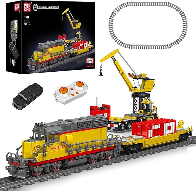 Mould King 12027 Diesel Locomotive Train Building Sets with a Semi-Trailers, Cranes, Remote/App Control Engineering Toy Kit, SD40-2 Scale Model with Tracks for Adults Kids (1170 Pieces)