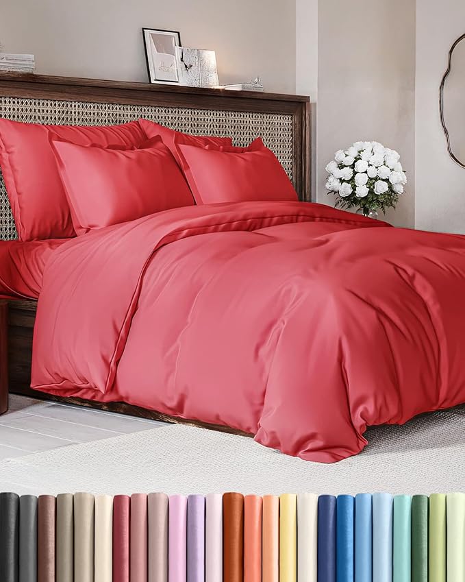 CGK Unlimited Duvet Cover Cal King Size Set - Extra Soft Cal King Size Duvet Cover 104 x 98 with 2 Pillow Shams - Hotel Quality w/Zipper Closures & Ties - Bedding and Bed Linens Set (Red)