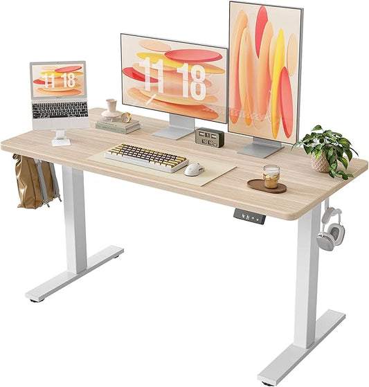 TIQLAB 55 * 24 Inches Electric Standing Desk, Adjustable Height Stand up Desk, Sit Stand Home Office Table with Splice Board, Light Walnut