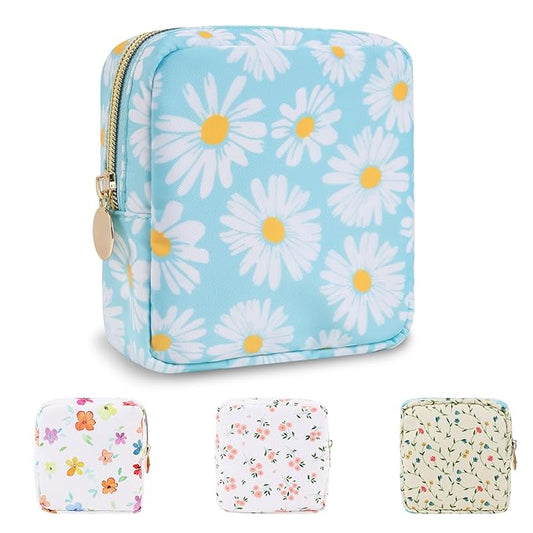 UIXIZQ Waterproof Mini Floral Makeup Bag Pouch for Purse,Nylon Flower Cosmetic Travel Bag Small Preppy Toiletry Organizers Bag for Women Girl,Cute Zipper Pouch Coin Purse for Work(Mini Blue-Daisy)