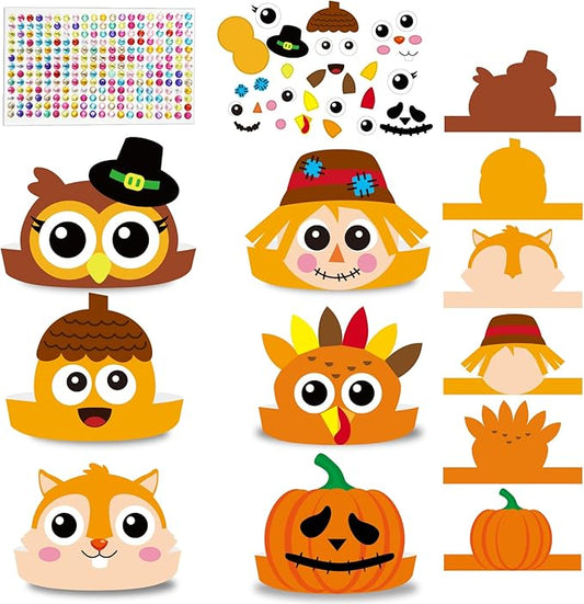 chiazllta 24 Packs Fall Crown Craft Kits for Kids Thanksgiving Pumpkin Turkey Headband Autumn DIY Art Craft Sticker Set Preschool Home Classroom Game Activities Party Favors