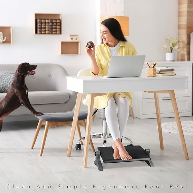 EHO Ottoman, Ergonomic Foot Rest for Under Desk, Adjustable Height and Angle, Rubber Platform, Anti-Slip, Ankle Support, Detachable Washable Cushion, Back and Leg Pain Relief, 21.6"L x 11.4"W, Black