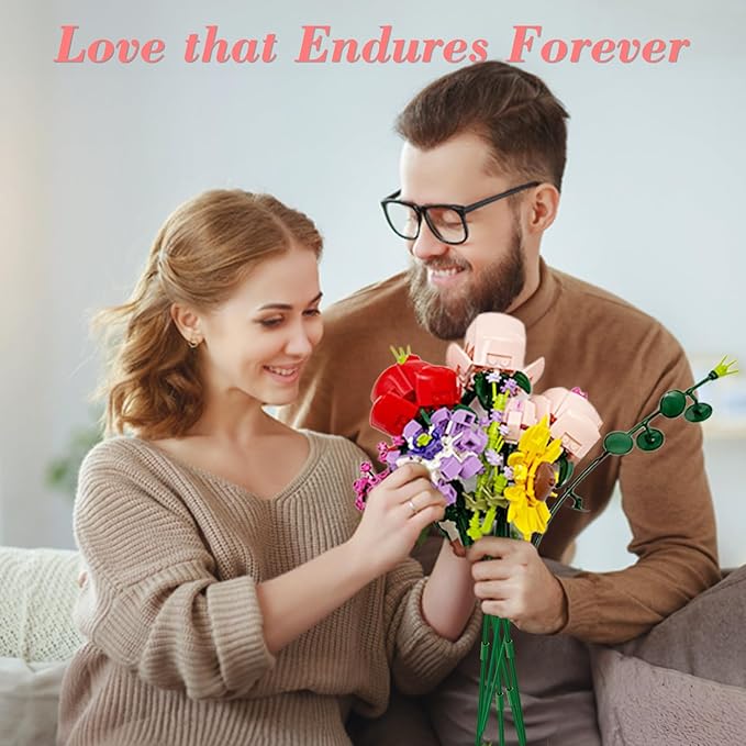 Compatible with Lego Flowers Bouquet, Flower Building Toy Set, Building Block Sets for Adults and 6+ Ages Kids, 530pcs Botanical Collection & Table Art, Gifts for Birthday and Christmas(White Vase)