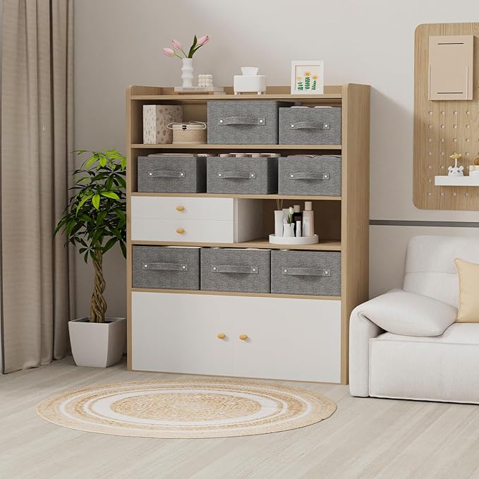 Collapsible Storage Boxes, Fabric Laundry Bins, Cube Baskets for Organizing Home, Office and Closet, Grey, 2 Pack, 16.1x9.8x6.4in