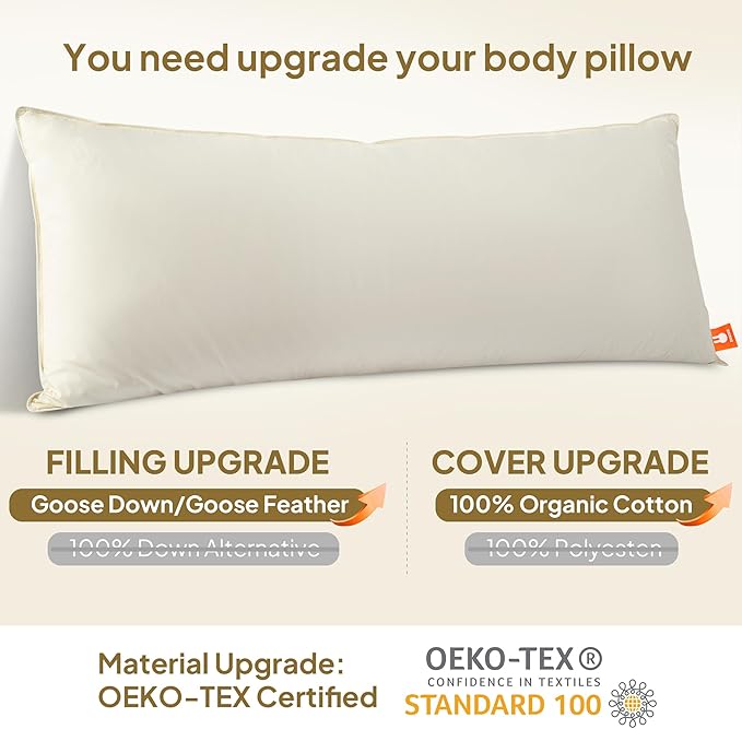 Goose Down Body Pillows for Adults, Large Body Pillow for Side Sleeper, Hugging Feather Body Pillow Insert, Cooling Full Length Long Pillow for Bed with 100% Organic Cotton Shell, (Beige 20"x60")
