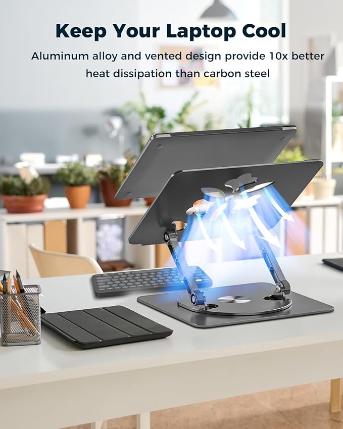 Adjustable Laptop Stand for Desk - Portable Laptop Riser with Rotating Base, Foldable Aluminum Computer Stand, Ergonomic Laptop Holder for MacBook Pro/Air Dell HP Notebook up to 15.6",Gold