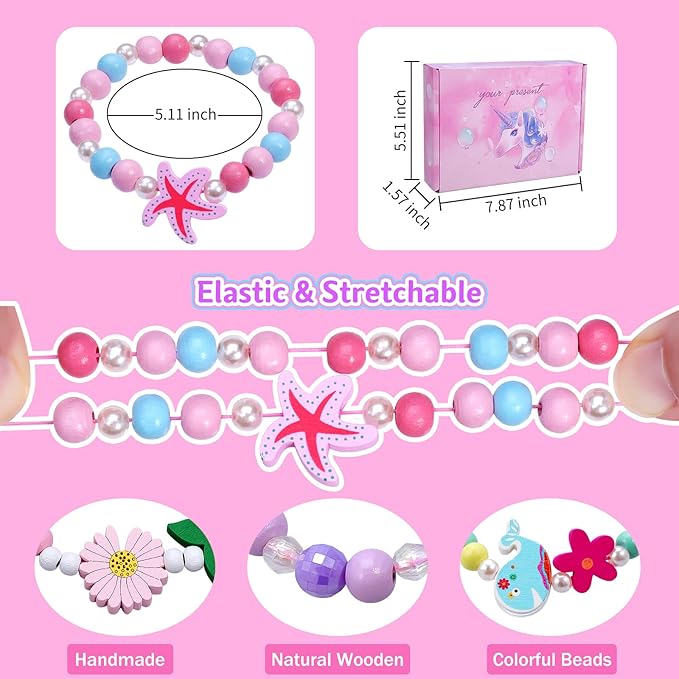 20 Psc Girls Bracelets Kids Party Favors Birthday Goodie Bag Fillers Pinata Stuffers Classroom Prize Exchange Gifts, Princess Play Jewelry Cute Animals Wooden Beads Friendship Bracelets Gifts