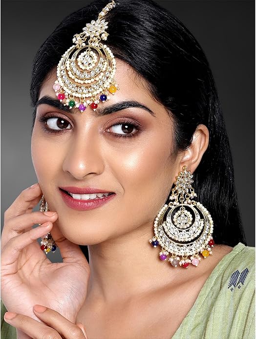Aheli Bollywood Ethnic Chandbali Style Big Earrings Maang Tikka Set Traditional Fashion Jewelry Gift for Women