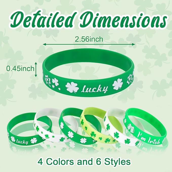 JUNEBRUSHS 42pcs St. Patrick's Day Silicone Bracelets, Green Shamrock Rubber Wristbands for Kids Adults St.Patrick's Day Party Ireland, Spring Party Favors Holiday Decorations Gift (6 Designs)