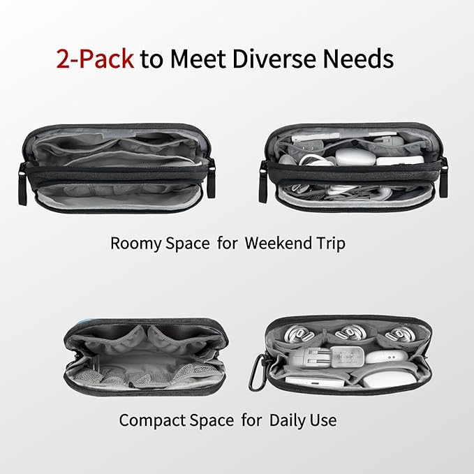 Zealearn Travel Tech Carrying Pouch - Portable Electronics Organizer Travel Case, Portable Tech Organizer, All-in-One Storage Bag for Charging Cable (2 Pack, Black, Medium+Small)