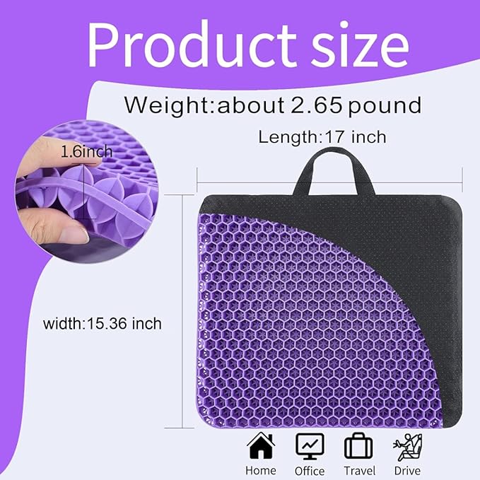 Gel Seat Cushion, for Long Sitting -Double Thick Gel Seat Cushion Breathable Honeycomb Chair Cushion with Non-Slip Cover for Office Chair Car, Wheelchair, Long Trips,Relief Sciatica Pain