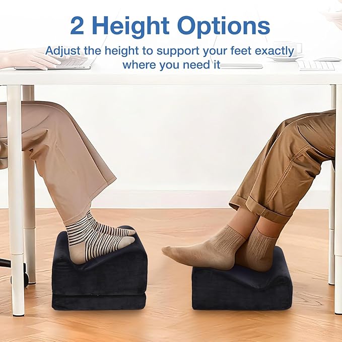 Foot Rest for Under Desk at Work, Foot Mat with Cover for Office Home Chair Sofa, Comfortable Footrest with Adjustable Height, High-Density Foam Leg Elevation Pillow to Relieve Back/Knee Stress, Black