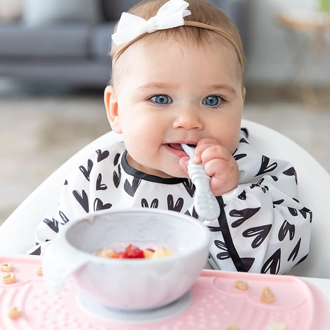 Bumkins Baby Bowl, Silicone Baby Feeding Set with Suction for Baby and Toddler, Includes Spoon and Lid, First Feeding Set, Essential for Baby Led Weaning for Babies 4 Months, Marble