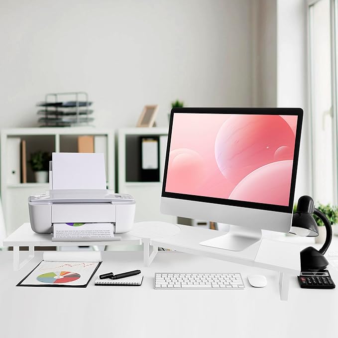 Across-Star Dual-Monitor-Riser-Stand-For-Desk, Large Monitor Stand Riser For 2 Monitors With Adjustable Length Angle, Double Computer Riser For Desktop Organizer, Monitor Shelf Riser