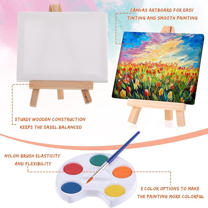 Glenmal Watercolor Paint Sets 3 x 4 Small Painting Canvas with Easel Paints Brush Set Kids Art Party Favors and Party Supplies Washable Watercolor Bulk for Kids Birthday Prizes (12 Sets)
