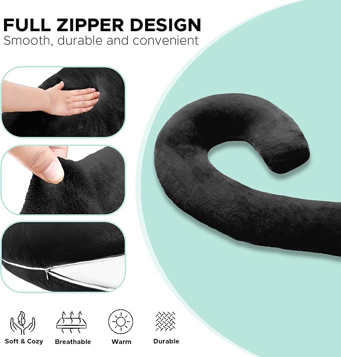 Body Pillow for Adults - Soft Long Bed Pillows Insert for Sleeping - Shredded Memory Foam and Removable Washable Cover - Swan Shaped Side Sleeper Pregnancy Pillow 49 Inch (Black)