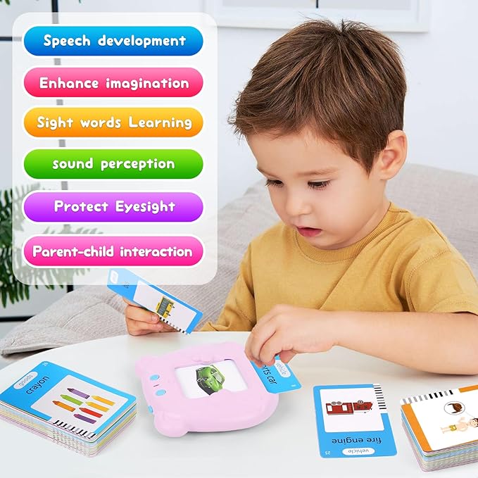 Toddler Talking Flash Cards with 255 Cards and 510 Words, Montessori Toys, Speech Therapy, Autism Sensory Toys, Learning Educational Gifts with Music for 3 4 5 6 Year Old Boys and Girls(Pink)