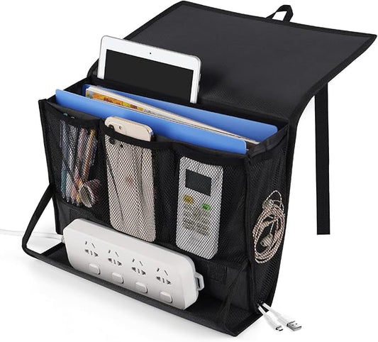 Bedside Storage Organizer with Power Strip Holder and Adjustable Straps Bed Hanging Bag for Home Bunk Bed Dorm Sofa (Black)