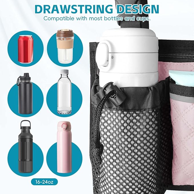 Wheelchair Bag with Cup Holder, Wheelchair Accessories Armrest Side Bag Multi Pockets Pouch for Electric Wheelchairs, Walker, Rollators & Mobility Scooters, Adults, Seniors, Pink