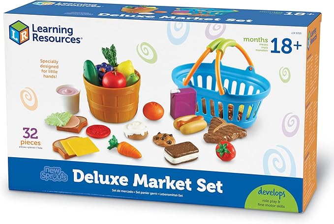 Learning Resources New Sprouts Deluxe Market Set - 32 Pieces, Ages 18+ Months Pretend Play Food for Toddlers, Preschool Learning Toys, Kitchen Play Toys for Kids