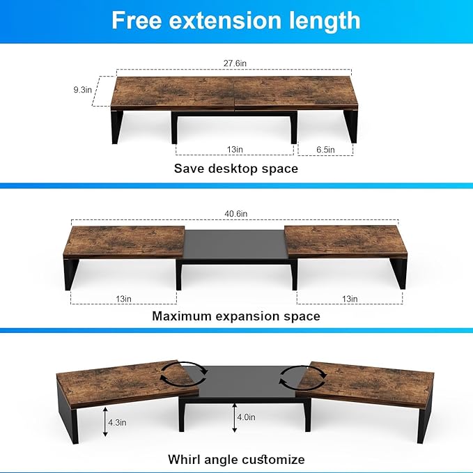 OUTIOE Dual Monitor Stand for Desk, Wooden Monitor Riser, Desk Shelf for Top of Desk, Computer Stand for Home and Office Use (Wood)