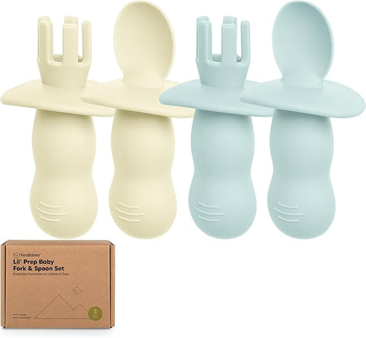 KeaBabies 4-Pack Silicone Baby Spoons and Forks Set - Baby Spoon Self Feeding, BLW Baby Utensils 6-12 Months, Baby Led Weaning Feeding Spoon, Teething Infant Baby Food Training Pre Spoon (Pastel Sky)