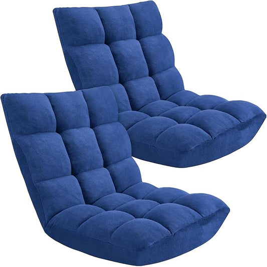 Folding Floor Chair 14-Position Cushioned Adjustable Floor Lazy Sofa Chair w/Breathable Cotton & Skin-Friendly Flannel for Adults & Kids Ideal for Reading Meditating, Navy