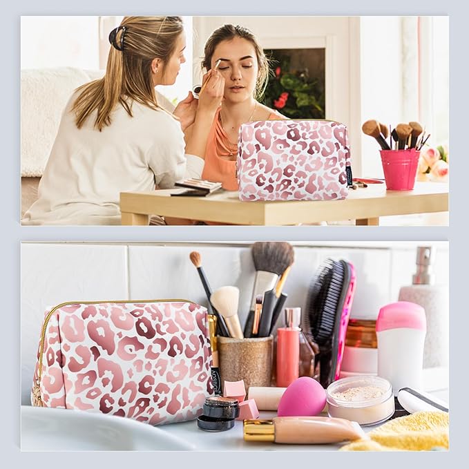 Aosbos Small Travel Makeup Pouch - Pink Leopard Print Cosmetic Case for Women
