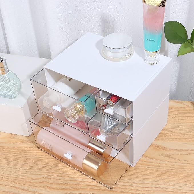 Desk Craft Organizer and Storage with 4 Mixed Drawers, Stackable Plastic Desktop Accessories & Workspace Organizer for Office Stationary, Makeup Skincare, Sanitation Supplies, White