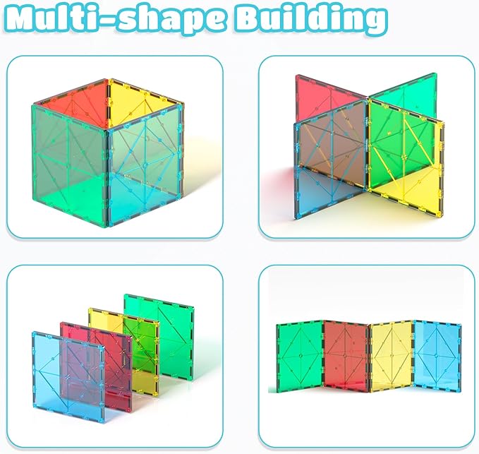 Bmag 4 Piece Magnetic Tiles Large Square, Magnet 3D Building Blocks Expansion Set for Kids, STEM Preschool Learning Kit Educational Playset Construction Toys for Boys Girls Ages 3+