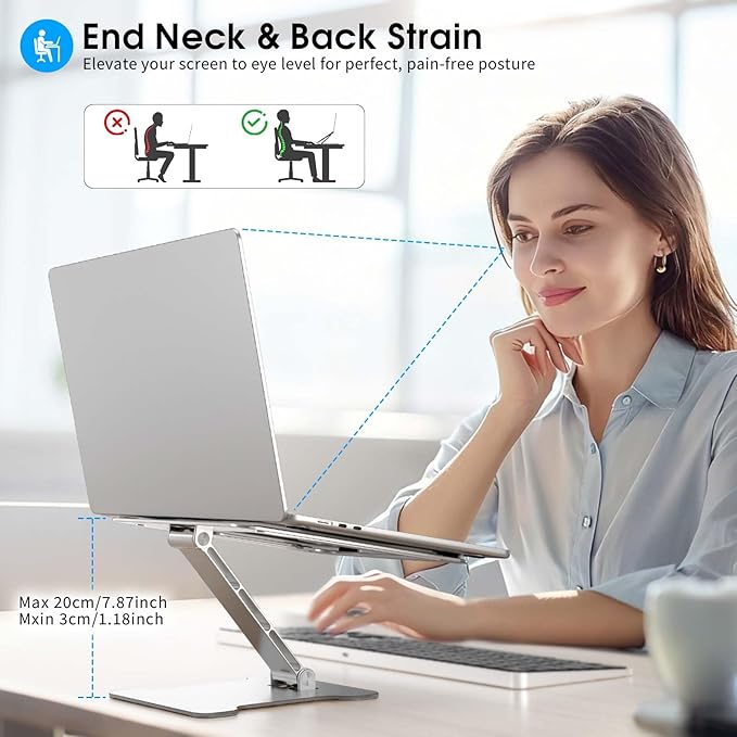 Foldable Aluminum Laptop Stand, Height Adjustable Ergonomic Riser for Collaborative Work,Tablet, Reading and More. Portable Laptop Stand for All 10-16" - Silver