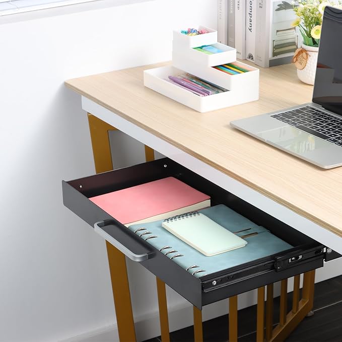 OSteed Under Desk Drawer Black 21" with 4 Divider Trays, Under Shelf Pencil Drawer Pull-out, Standing Desk Metal Storage Attachment Slide Out for Workbench