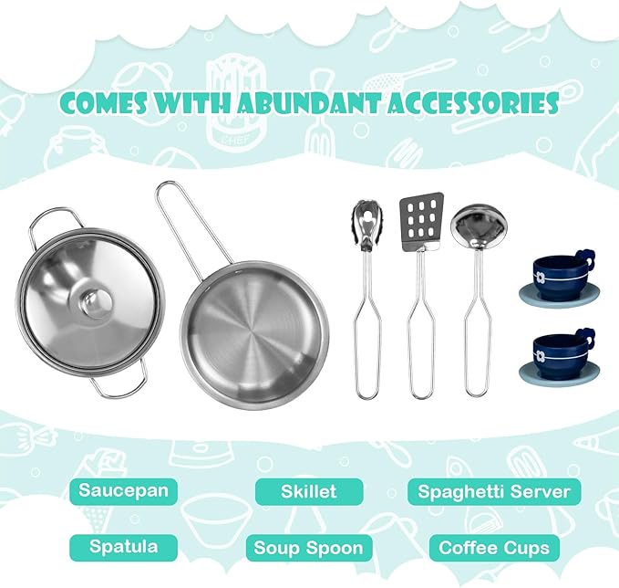 HONEY JOY Kids Kitchen Playset, 2-Piece Modular Wooden Corner Toy Kitchen Set/Washing Machine & Sink, Coffee Maker, Range Hood & Stove, Stool, Little Chef Pretend Play Kitchen for Toddlers, Natural