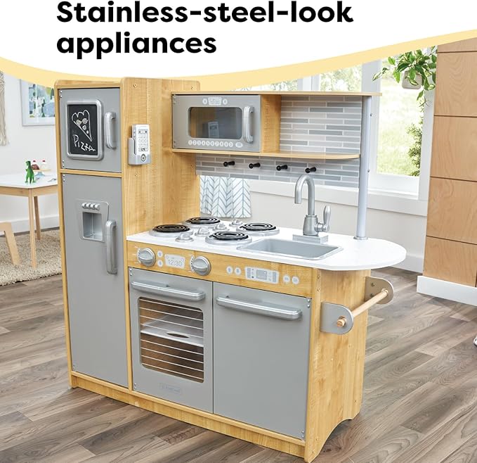 KidKraft Uptown Natural Wooden Play Kitchen with Play Phone, Chalkboard & Towel Rack, Gift for Ages 3+