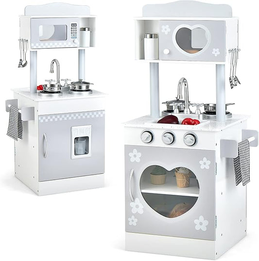 HONEY JOY Kids Kitchen Playset, Double Side Little Chef Play Kitchen for Toddlers, Oven & Sink, Ice Cube Dispenser, Utensils, Microwave, Storage Cabinet, Wooden Pretend Play Toy Kitchen Set, Gray