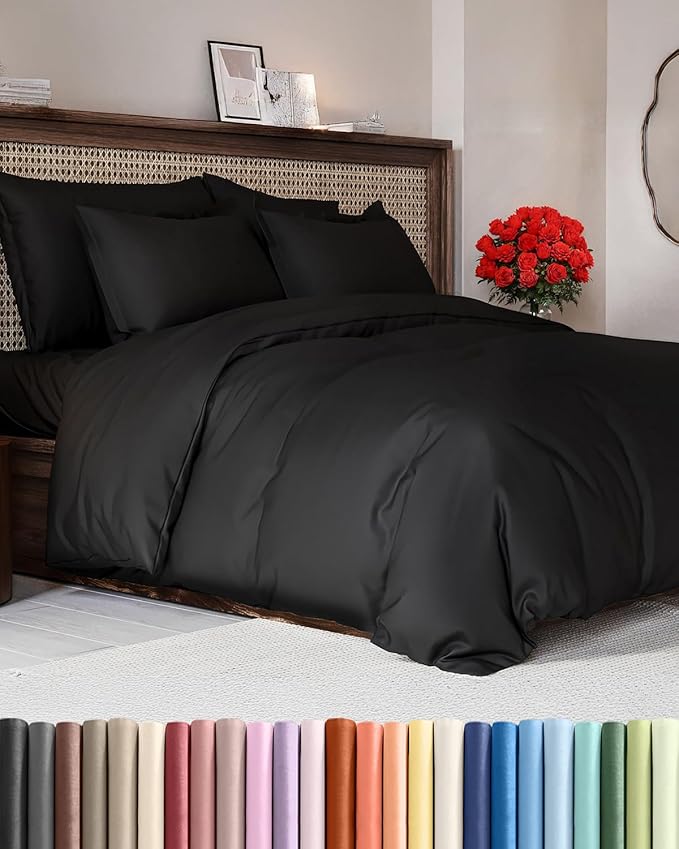 Duvet Cover Full Size Set - Extra Soft Full Size Duvet Cover 80 x 90 with 2 Pillow Shams - Hotel Luxury Quality Easy Care and Fade Free w/Zipper Closures & Ties - Comfy Breathable Bedding Set (Black)