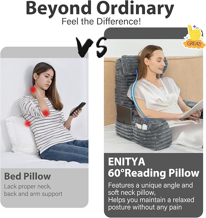 ENITYA 22" XL Back Pillow for Bed Sitting Up, Reading Pillow with Built-in Arms, Soft Back Support Chair, Ideal for Watching TV, Gaming, Nursing, Resting, Post Surgery, Dark Grey