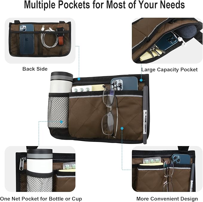 Wheelchair Side Bag, Armrest Storage Pouch with Cup Holder and Reflective Strip for Wheelchairs, Walkers or Rollators (Coffee)
