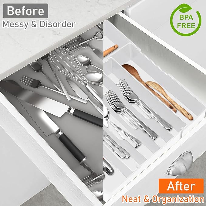 Spaclear Silverware Organizer - Expandable Silverware Tray for Drawer, Adjustable Utensil Drawer Organizer for Forks, Knives, Kitchen Organizers and Storage, White