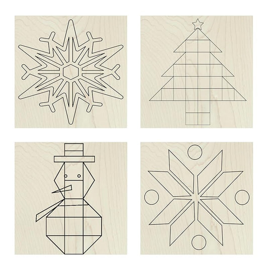 4 Barn Quilt Kit DIY Pattern to Paint, Unfinished Wood Quilting Block Sign for Painting, DIY Paintable Art, Adults Kids (6 Inches Square) (Winter Set Snowman, Christmas Tree, Snowflake) AVTRBoutique