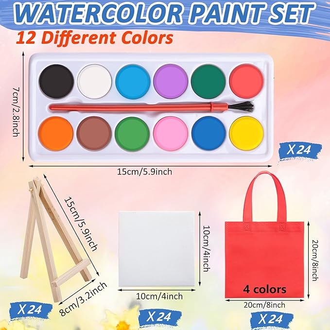 24 Sets 72 Pcs Mini Canvas Easel and Watercolor Paint Set 4 x 4 Inch Canvases for Painting Kids Art Non Woven Bags Washable Watercolors Kids Paint Set for Birthday Painting Art Party Favors Supplies