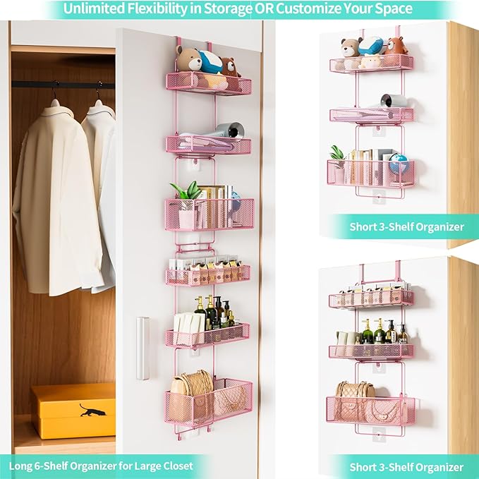 HapiRm Over Door Organizer Storage - Separable Door Organizer Hanging with 6 Metal Large Capacity Baskets for Bathroom Bedroom Kitchen Pantry Closet (Pink)