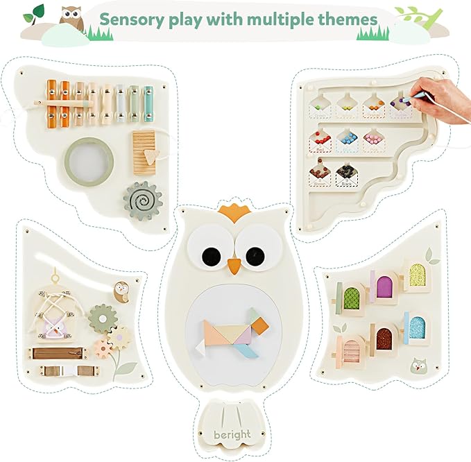 Beright Owl Activity Wall Busy Board Panels, Montessori Sensory Toys, Toddler Learning Activity Center, Perfect for Toddler Playroom & Children's Daycare, White
