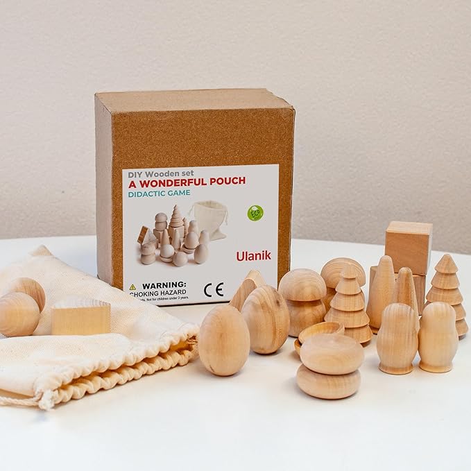 Ulanik Wonderful Bag Toddler Montessori Toys for 3 Year Old + Unfinished Wooden Figurines for Shape Sorting & DIY Painting Pyrography Decoupage Crafts — 20 pcs