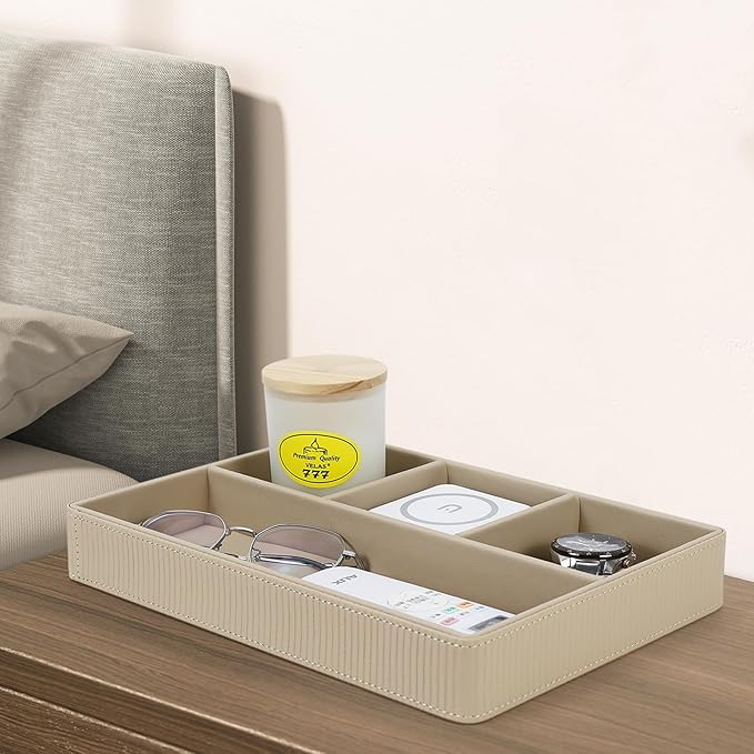 Buqoo PU Leather Valet Tray, Office Supplies Organizer, Stackable Desktop Organizer and Accessories Drawer Organizer for Storing Office Supplies, Jewelry, Cosmetics, Beige