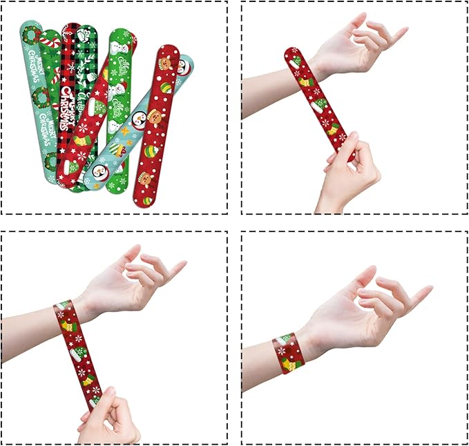CCINEE 48Pcs Christmas Slap Bracelets，Xmas Slap Wristbands Assorted Christmas Theme Pattern Snap Wristbands for Kids Christmas Party Favors Gift Bag Filler