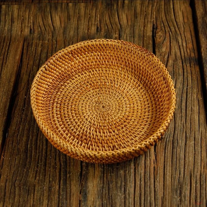 amololo Hadewoven Round Rattan Fruit Basket Wicker Food Tray Weaving Storage Holder Dinning Room Bowl, 7”Decorative Natural Basket Woven Fruit Basket Bowl for Entryway Table, Countertop (Small 7”)