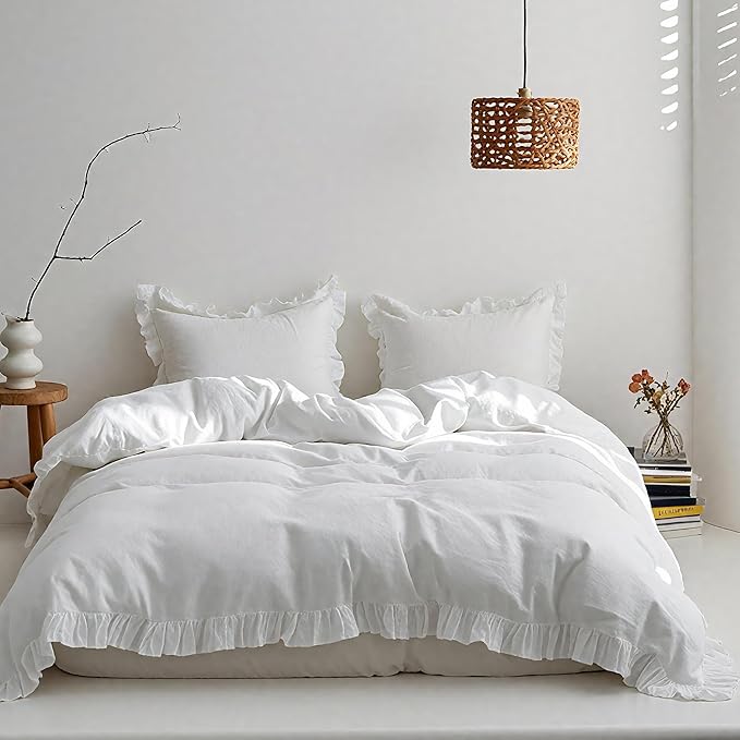 Simple&Opulence 100% Linen Duvet Cover Set, 3 PCS Natural French Flax White Ruffle Duvet Cover Queen Size, Breathable Comfy Linen Bedding Comforter Cover with 2 Pillowcases (White, 88" X 92")